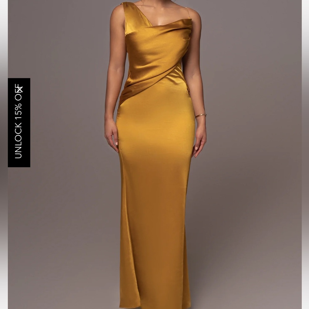 JLUXLABEL Gold Satin One-Shoulder Maxi Dress